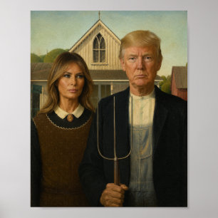 Poster Gótico Americano Moderno - Paródia de Trump e Mela