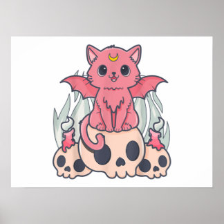 Poster Gótico Kawaii Pastel Gato e Crânio de Demônio Cére
