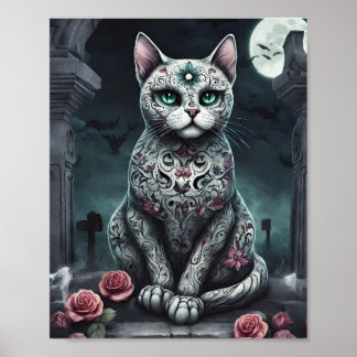 Poster Gótico "Lady Rosa", Dia dos Mortos, Gato Branco