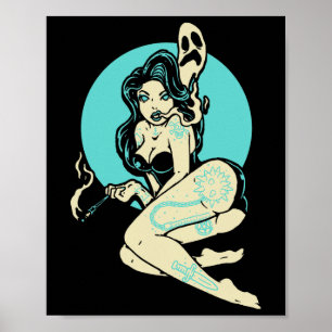 Poster Gótico Tatuado Menina Horror Ghost Moon Rockab