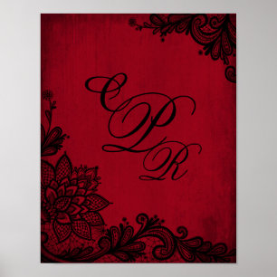 Póster Gótico Vermelho Grunge Preto Renda Casamento Monog
