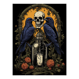 Póster Gótico Vintage Skeleton Skull Raven Poison Hallowe