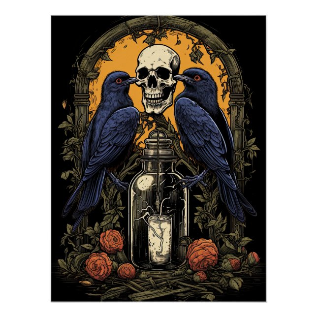 Póster Gótico Vintage Skeleton Skull Raven Poison Hallowe (Frente)