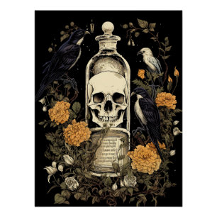 Póster Gótico Vintage Skeleton Skull Raven Poison Hallowe