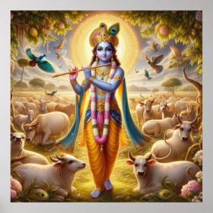 Poster Graceful Blue Pastoral Gopala Krishna Art Design