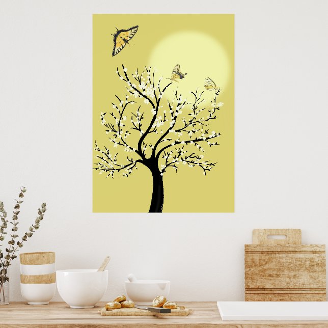 Poster Graceful dreamy sunlit tree with butterflies  (Cozinha)