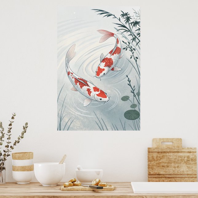 Poster Graceful Koi: Ilustração do Jardim de Água Serene (Cozinha)