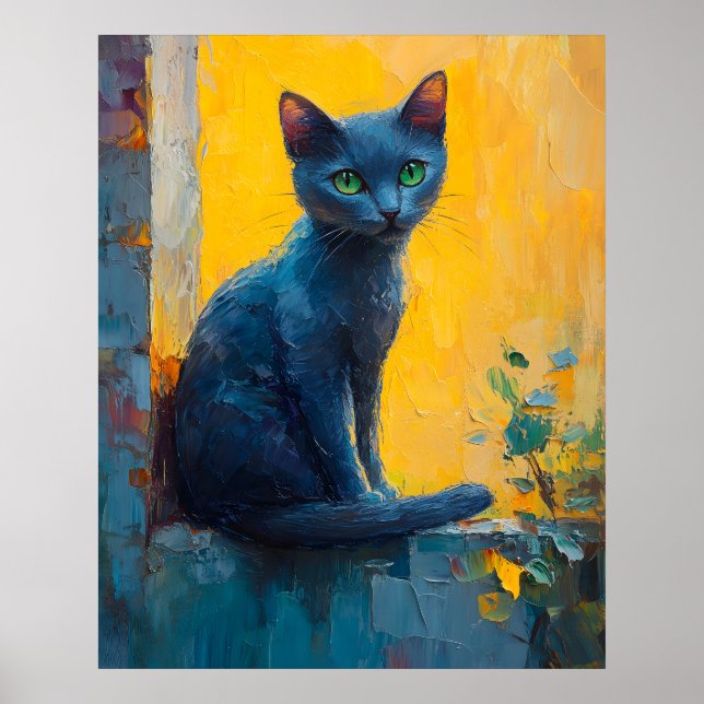 Poster Graceful Russian Blue Cat – Sunset Balcony Moment (Frente)