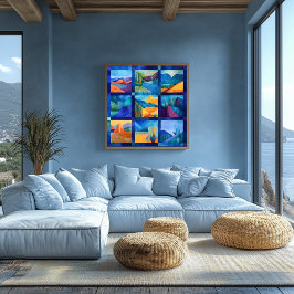 Póster Grade de Arte do Deserto com Moldura Azul - Geomét