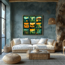 Póster Grade de Arte do Deserto em Moldura Verde – Geomét