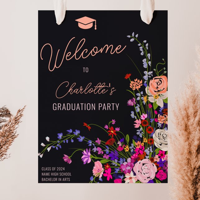 Poster Graduação de boas-vindas com script de flor silves (Modern chic wildflower script welcome graduation poster on dark)