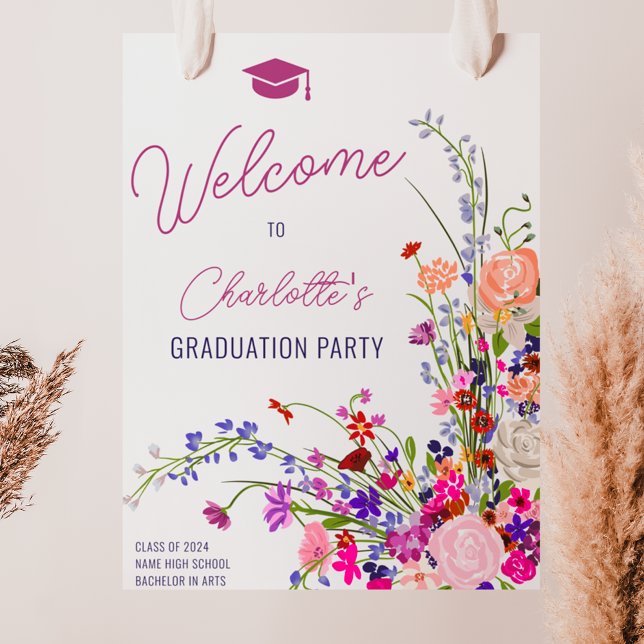 Poster Graduação de boas-vindas com script de flor silves (Modern chic wildflower script welcome graduation poster)