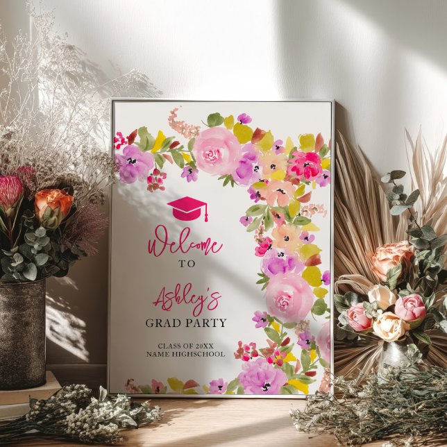 Poster Graduação de primavera de rosas rosa boêmicas (Bohemian pink roses wildflowers spring graduation poster)