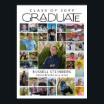 Poster Graduate 28 Photo Collage Modern White Black<br><div class="desc">Celebrate your graduate with a personalized graduation photo memory poster print featuring 28 photos from childhood through senior year in a clean modern layout with multiple shapes and sizes. This design highlights the graduate’s name, school and class year in bold typography, making it a meaningful focal point for an open...</div>