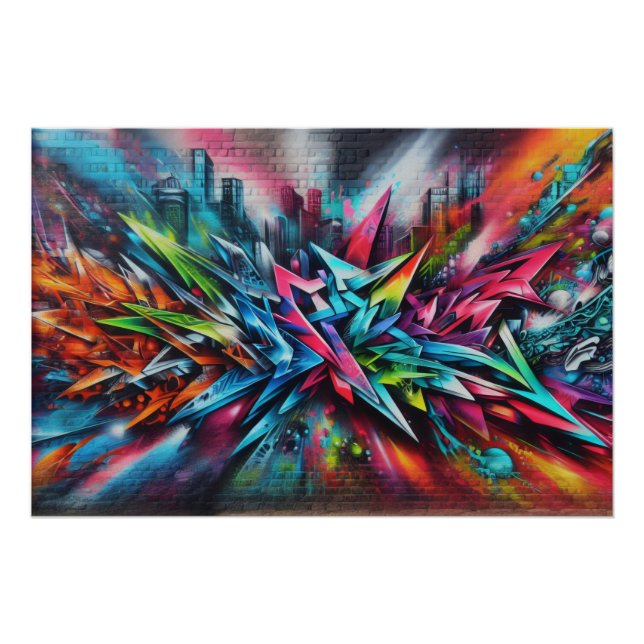 Póster Graffiti auf Ziegelwand mit Skyline Streetart (Frente)