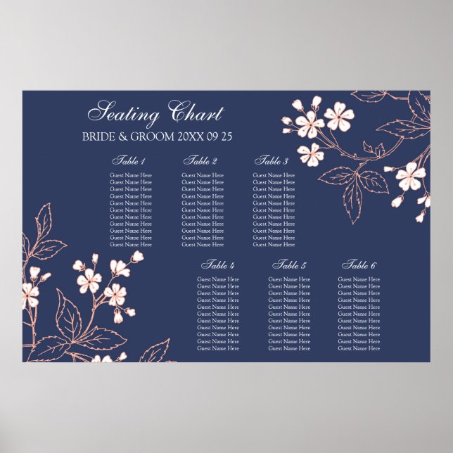 Póster Gráfico 6 Mesas Coral Azul Floral (Frente)