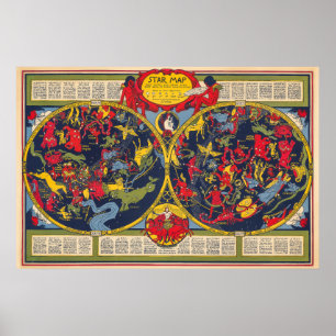 Poster Gráfico Celestial de Constelações de Mapa do Vinta