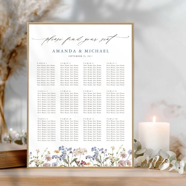 Poster Gráfico Colorido de Casamentos de Primavera Wildfl (Colorful Spring Wildflower garden Wedding downloadable Seating Chart poster )