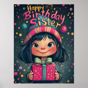 Poster Gráfico da Irmã Feliz Aniversário Whimsical