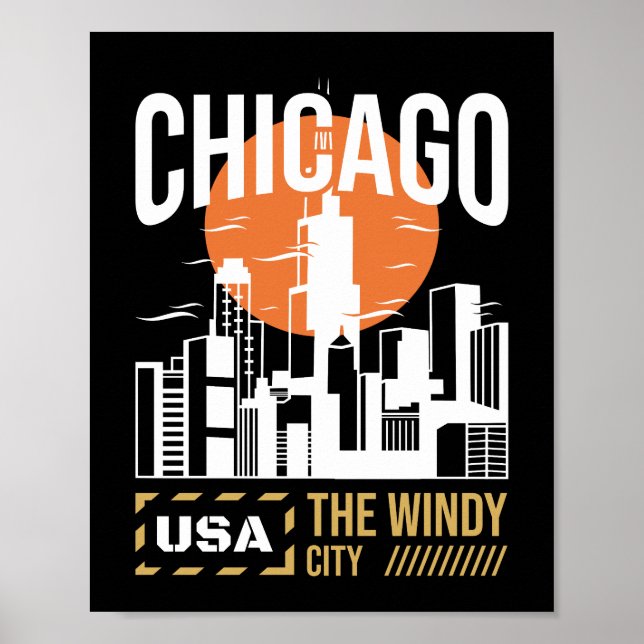 Poster Gráfico da Silhueta de Chicago EUA | Design da Cid (Frente)