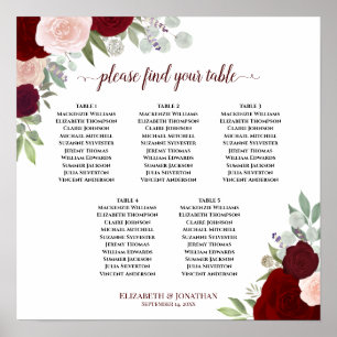 Poster Gráfico de 5 Mesas de Casamento Floral Vermelho e 