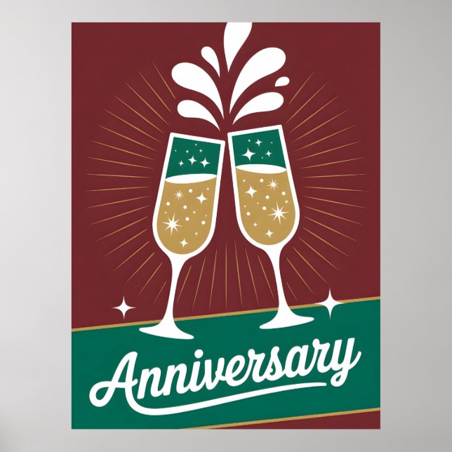 Poster Gráfico de Aniversário Retro com Champanhe Brilhan (Frente)