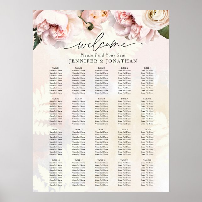 Poster Gráfico de Assento Floral de Casamento Rosa-Blush  (Frente)