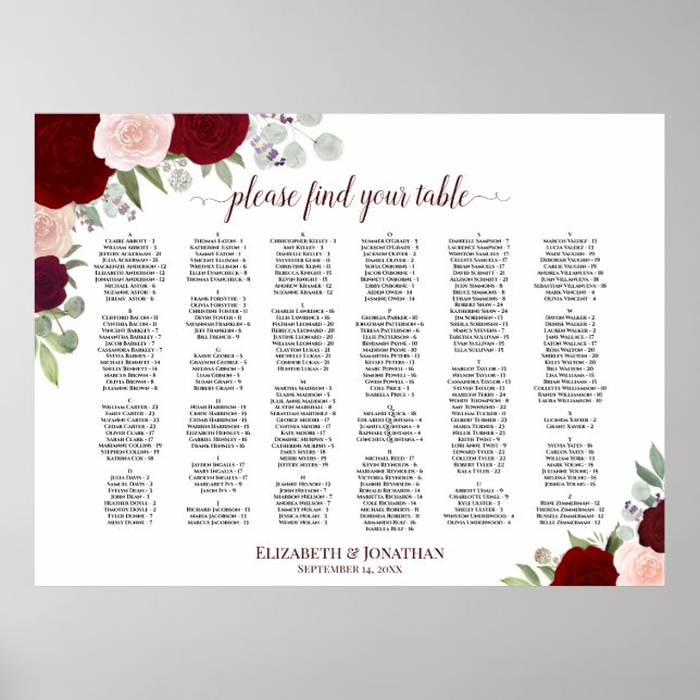 Poster Gráfico de Assentos Alfabetico Boho Rosas Vermelha (Frente)