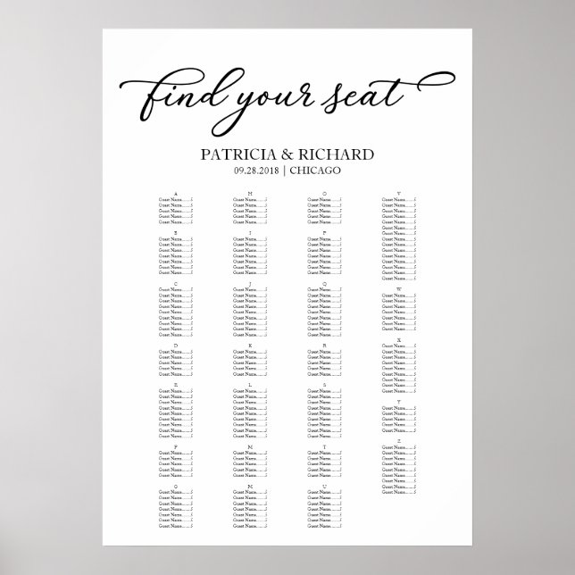 Poster Gráfico de Assentos Alfabetico Chic Script Preto (Frente)