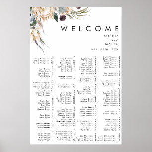 Poster Gráfico de Assentos Alfabéticos Branco Floral