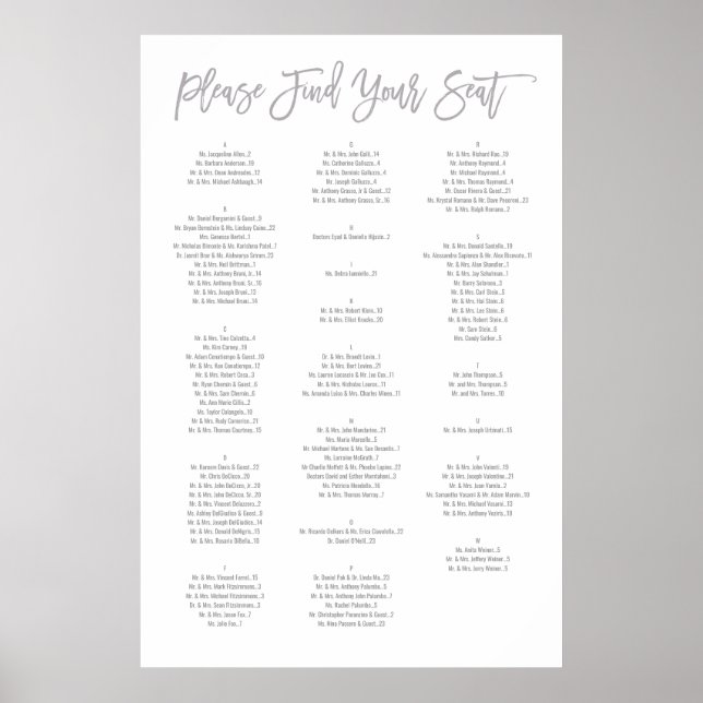 Póster Gráfico de Assentos Alfabéticos com Letra Chic Mão (Frente)
