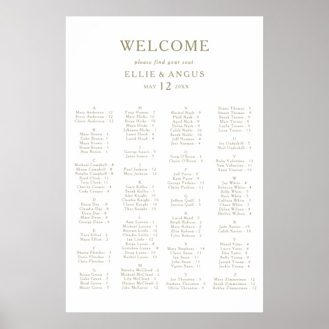 Poster Gráfico de Assentos Alfabéticos da Areia do ouro (Frente)