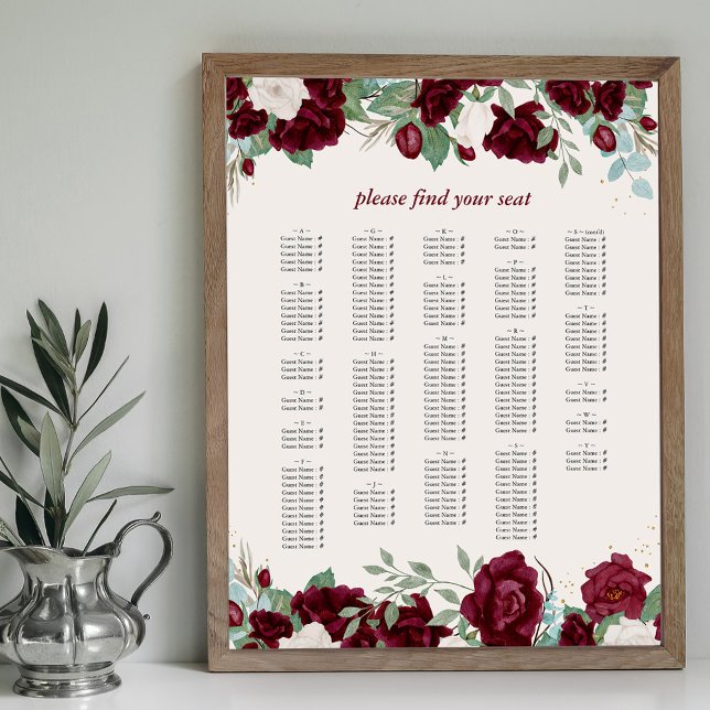 Poster Gráfico de Assentos Alfabéticos das Rosas vermelha (Alphabetical Seating Chart with burgundy red rose borders. Available printed or printable download)