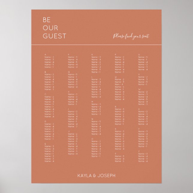 Poster Gráfico de Assentos Alfabéticos de Casamentos (Frente)