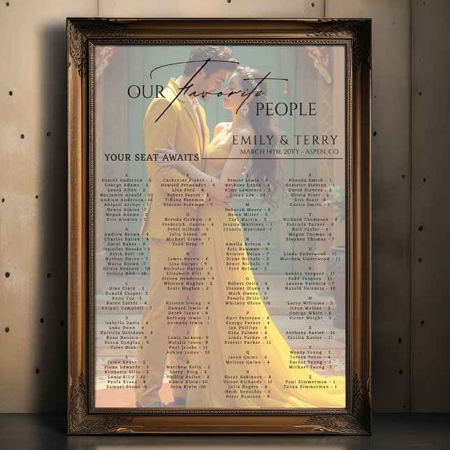 Poster Gráfico de Assentos Alfabéticos de Foto Elegante (Criador carregado)