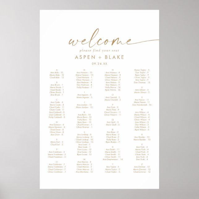 Poster Gráfico de Assentos Alfabéticos de Script Dourado  (Frente)