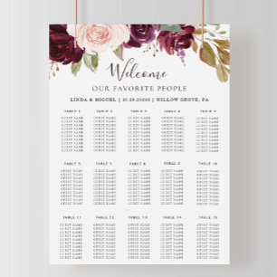 Poster Gráfico de Assentos Alfabéticos Florais Elegante