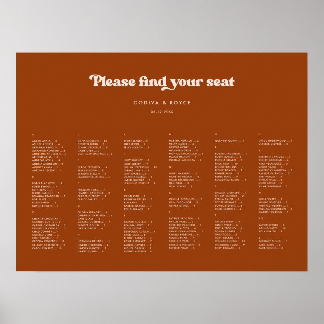 Poster Gráfico de assentos alfabéticos laranja na moda qu (Frente)
