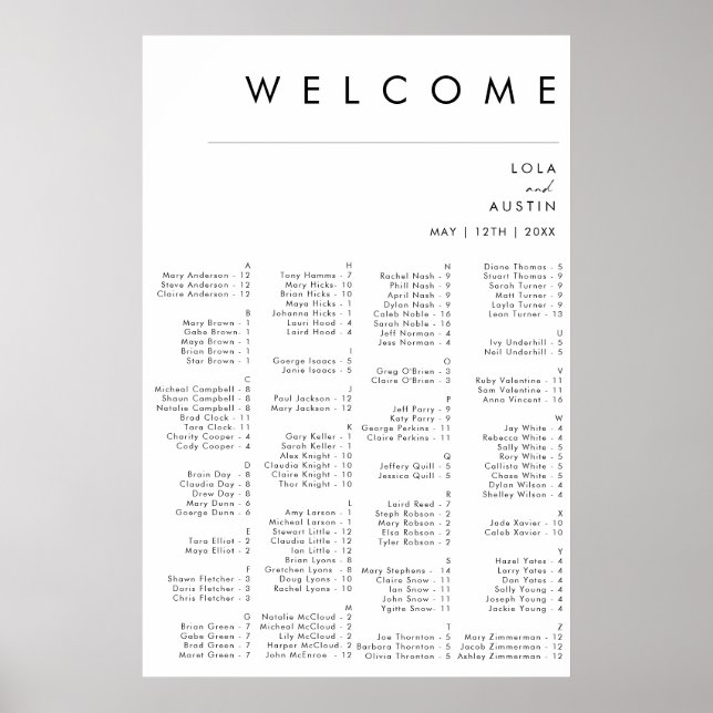 Poster Gráfico de Assentos Alfabéticos Minimalistas Moder (Frente)