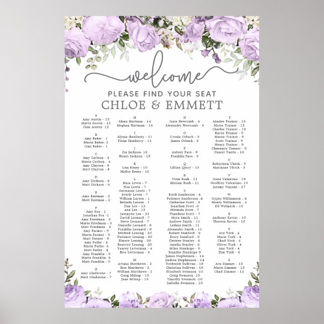 Poster Gráfico de Assentos Alfabéticos Purple Floral (Frente)