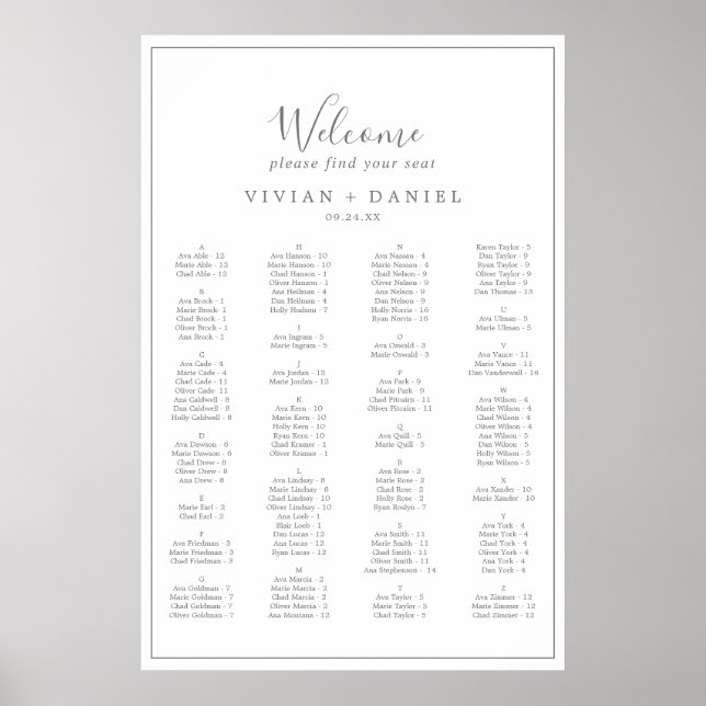 Poster Gráfico de Assentos Alfabéticos Silver Minimalista (Frente)