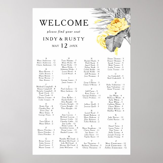 Poster Gráfico de Assentos Alfabéticos Tropicais Modernos (Frente)