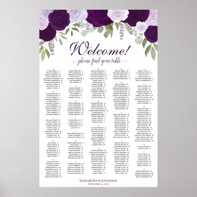 Poster Gráfico de Assentos Alfabéticos Verticais com Rosa (Frente)