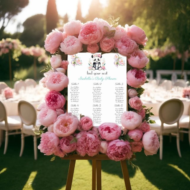 Poster Gráfico de Assentos Bebê Panda Peônias Selva Bebê (Baby Panda Seating Chart to enhance your celebration and simplify seat finding for your guests!)