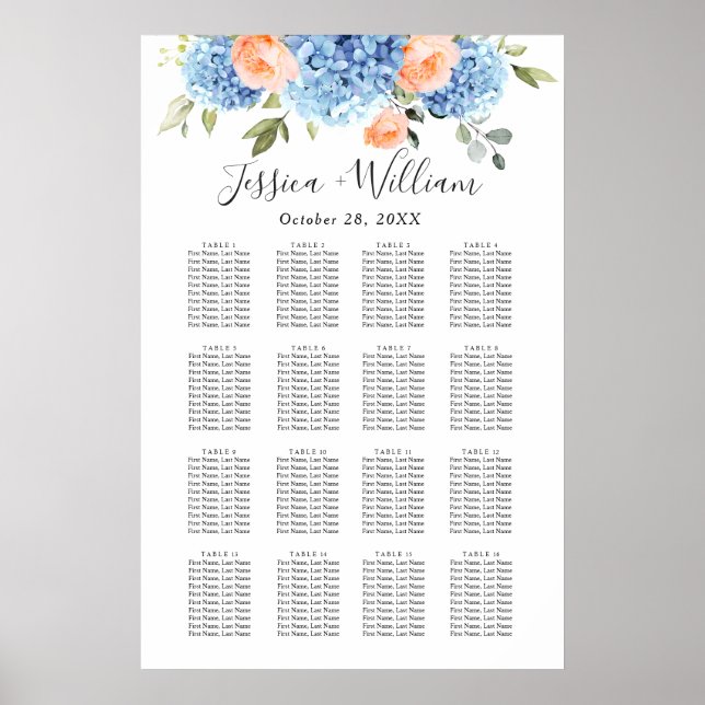 Poster Gráfico de Assentos Blue Hydrangea Blush Rose 16 M (Frente)