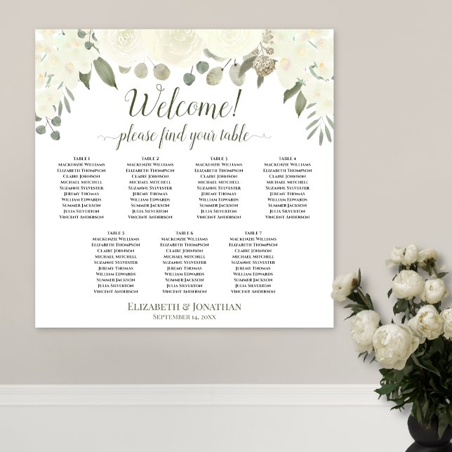 Poster Gráfico de Assentos Boho Floral Branco de 7 Mesas  (In Situ on Wall with Flowers)