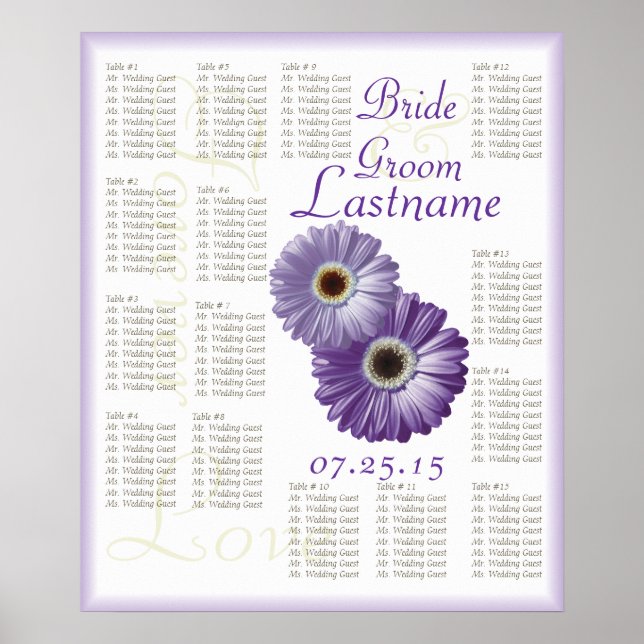 Poster Gráfico de Assentos Convidados de Casamento Roxo G (Frente)