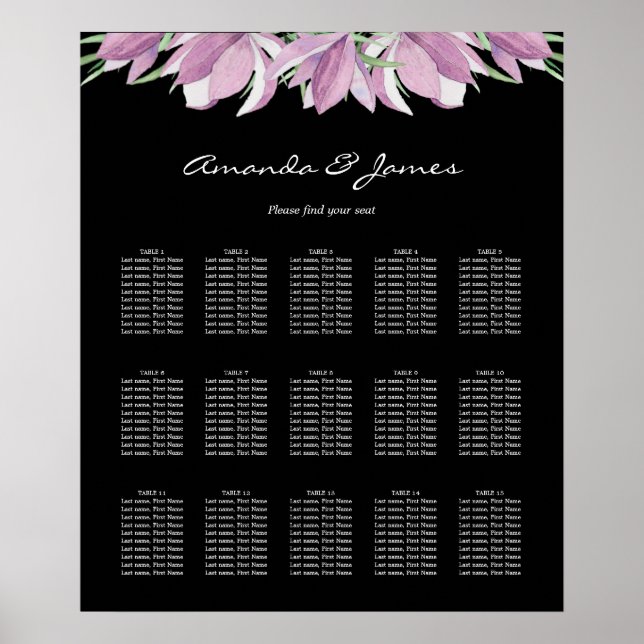 Poster Gráfico de Assentos da Mesa Floral Roxa 15 (Frente)