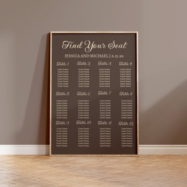 Poster Gráfico de Assentos da Recepção de Casamento Marro (Elegant brown wedding seating chart)