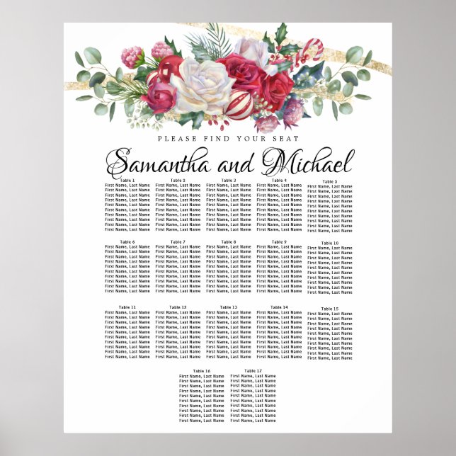 Poster Gráfico de Assentos de 17 Mesas do Casamento Verde (Frente)